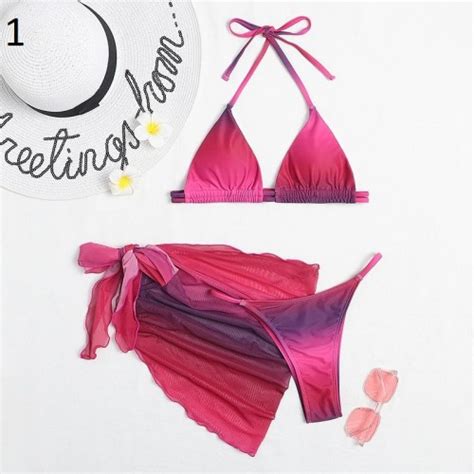Sexy Pink Print Swimsuit 3pieces Mesh Bikini Set Triangle Micro Bikini String Halter Swimwear