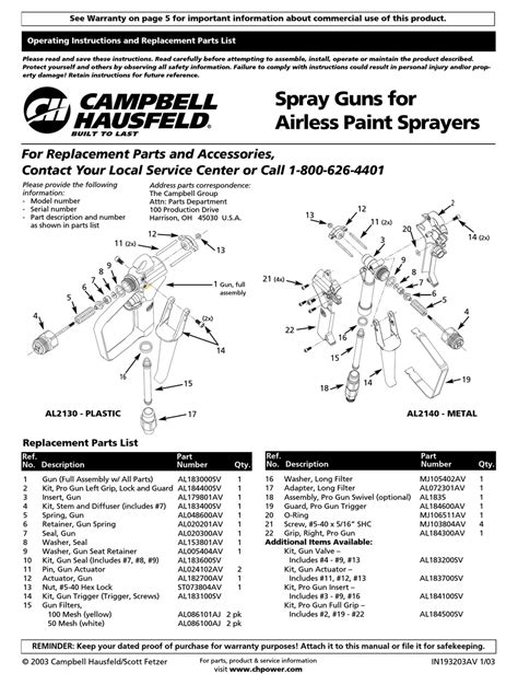 Campbell Hausfeld Al Operating Instructions And Replacement Parts