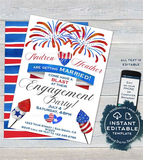 4th Of July Engagement Party Invitation Editable Red White Blue Firew