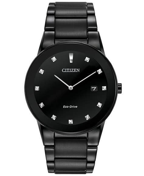 Citizen Mens Eco Drive Axiom Diamond Accent Black Ion Plated Stainless Steel Bracelet Watch