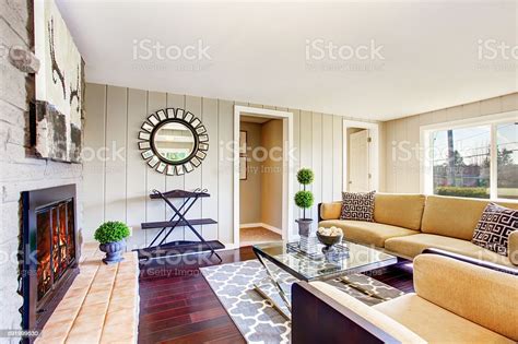 Open Floor Plan Living Room With Fireplace Comfortable Sofa Stock Photo