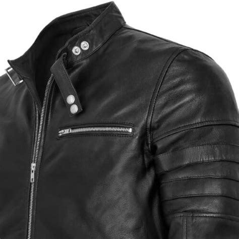 Mens Black David Beckham Real Leather Biker Jacket Vintage Cafe Racer