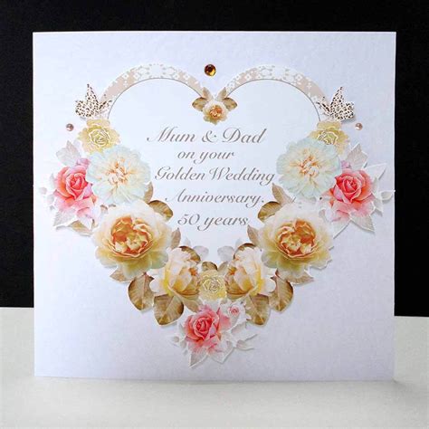 Wedding card 8 by 8 inch pink and gold colour scheme. Antique Rose Heart- Handmade Golden Wedding Anniversary ...