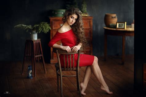 Wallpaper Women Chair Portrait Red Dress Sitting Dmitry Arhar