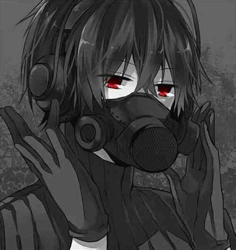 An Anime Character With Red Eyes Wearing A Gas Mask And Holding His