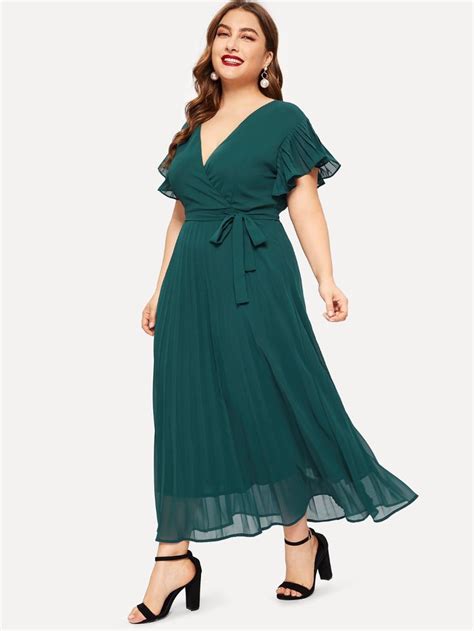 Plus Pleated V Neck Belted Dress SHEIN USA Plus Size Dresses