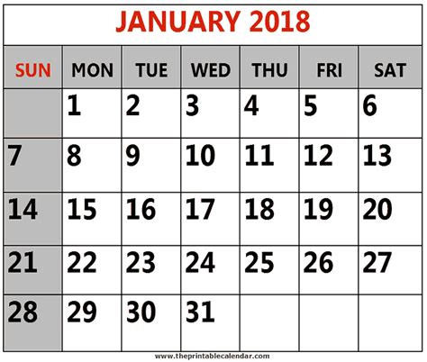 January 2018 Printable Calendars