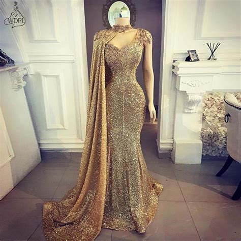 Glitter Gold Sequin Mermaid Evening Dresses 2020 Long Kaftans Arabic