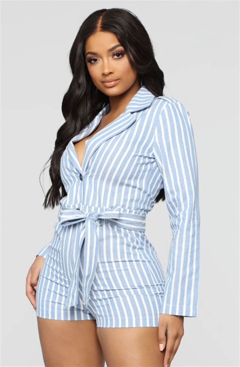 Keep Lookin Me Up And Down Stripe Romper Light Blue Striped