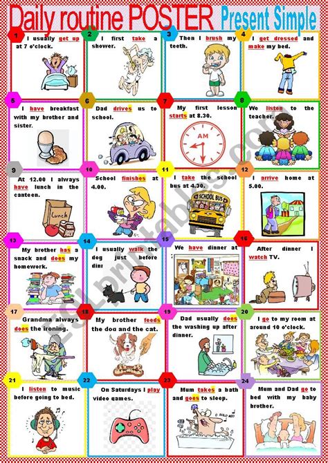 Daily Routine Poster Present Simple Rules Esl Worksheet By Karagozian