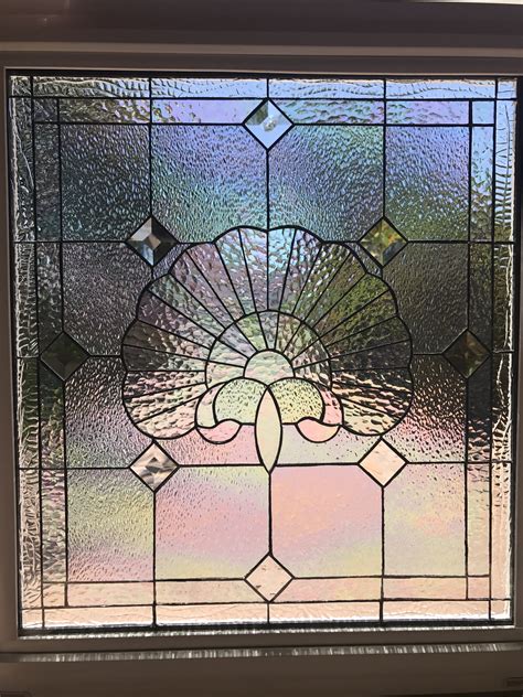 Vinyl Framed And Tempered Glass Insulated Iridescent Scallop Seashell Stained Glass And Beveled