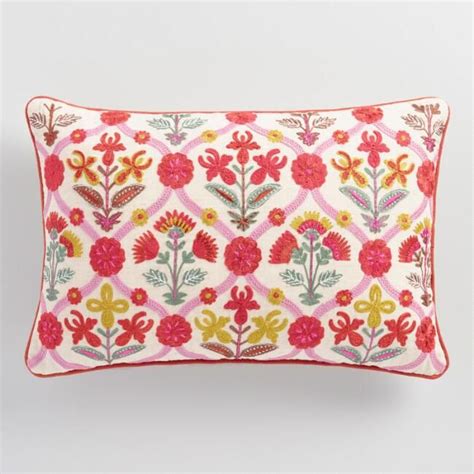 Pink Floral Embroidered Lumbar Pillow V1 Pillows Throw Pillows