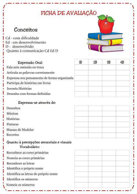 Fichas De Avaliação E Conceitos Educação Infantil Ideia Criativa Gi