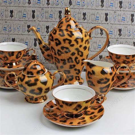Leopard Print Tea Set With Matching Cups And Saucers