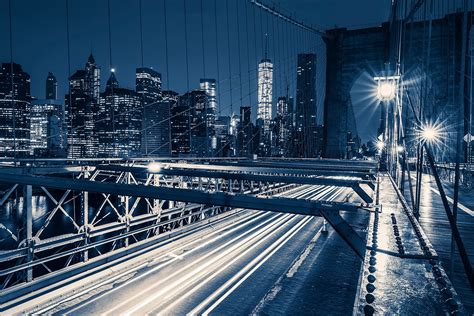 Brooklyn Bridge At Night On Brooklyn Bridge At Night With Car Traffic