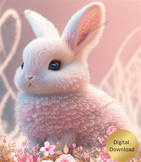 Cute Bunny Rabbit In Pink Flowers Nursery Art Printable Digital