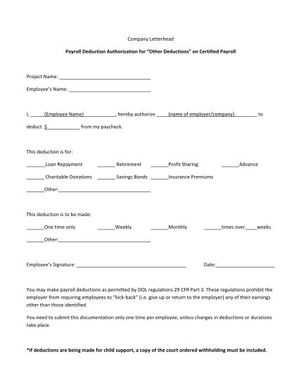 Payroll Deduction Authorization Form Template Free Free To Edit