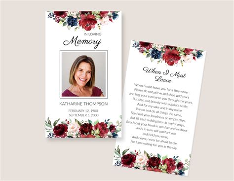 Funeral Prayer Card Template Memorial Card With Red Burgundy Etsy
