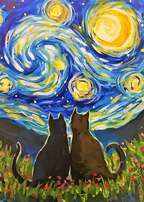 Cat Starry Night Van Gogh Poster By Funny Wall Art Displate Cat Painting Canvas Painting