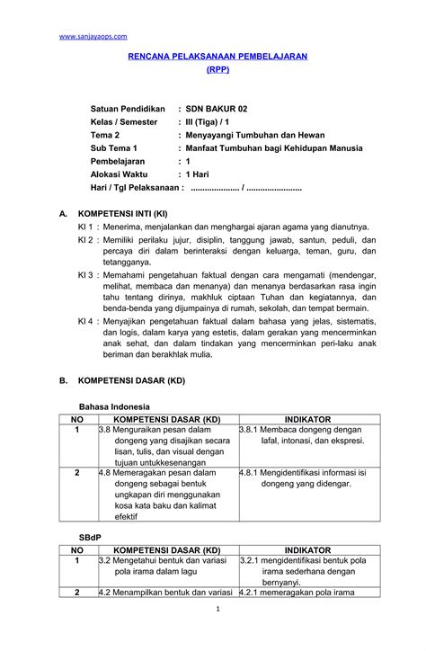 Rpp sd kelas 3 tema 2 menyayangi tumbuhan dan hewan revisi 2018 | PDF