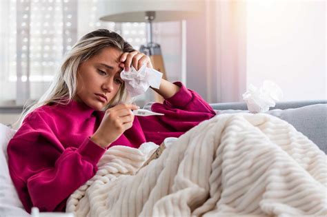 Sick Day At Home Blonde Woman Has Coronavirus Or Common Cold Cough