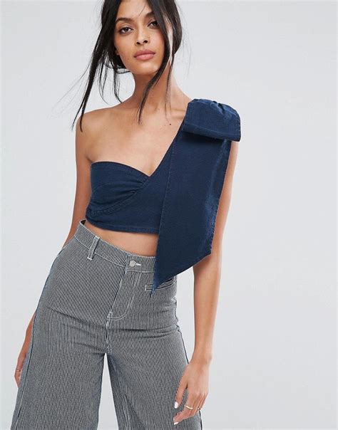 Buy It Now Asos Denim One Shoulder Crop Top In Dark Wash Blue Blue