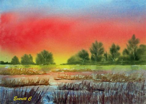 Meadow Sunrise Watercolor Sunrise Watercolor Watercolor Paintings