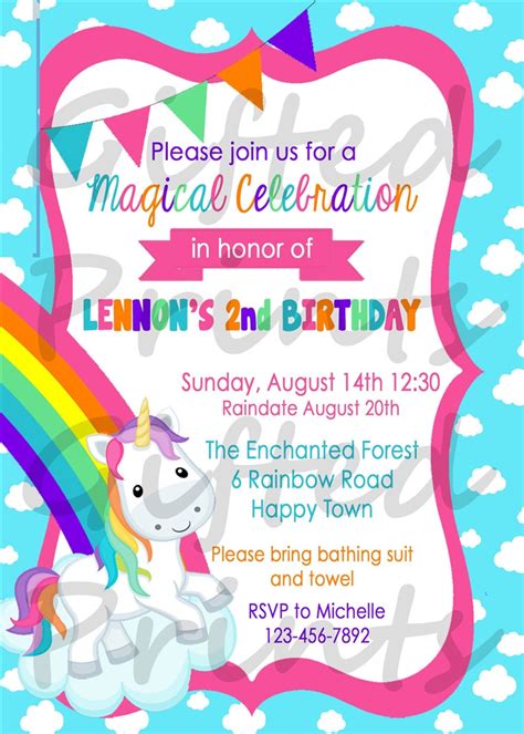 Birthday Invitation Rainbow Unicorn Theme