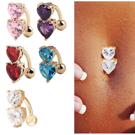 Crystal Cz Belly Button Ring Piercing Body Jewelry 1pc Navel Piercing 2 Colors Double Heart