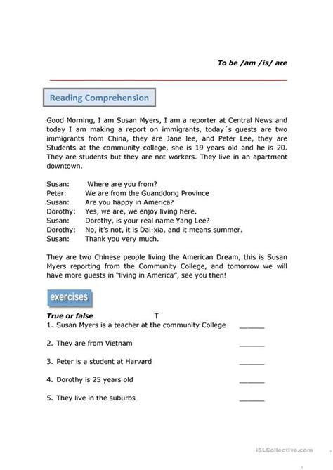 Reading Comprehension Verb To Be English Esl Worksheets For Distance