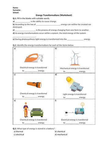 Energy Transformations Worksheet Answers