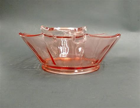 Vintage Pink Depression Glass Bowl With Handles And 10 Sides Etsy