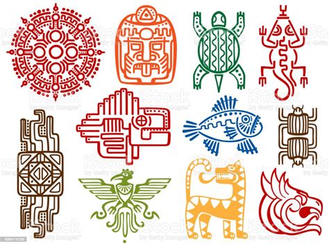 Colorful Ancient Mexican Vector Mythology Symbols American Aztec Mayan