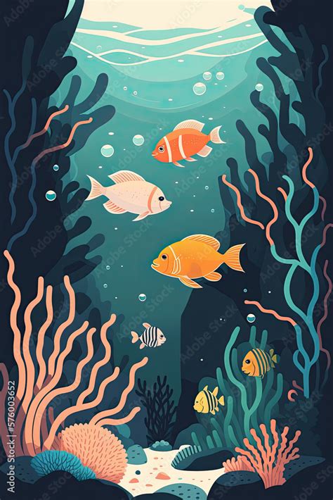 Underwater Minimalistic Flat Design Landscape Illustration Image For