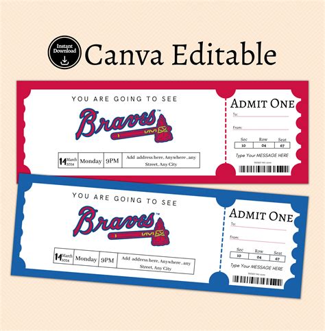 Atlanta Braves Ticket T Template Baseball Ticket Ticket Etsy