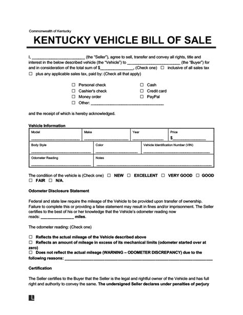 Free Kentucky Bill Of Sale Form Pdf And Word Legal Templates