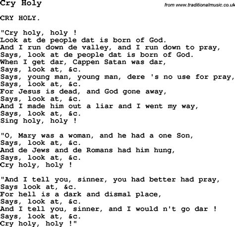 Negro Spiritualslave Song Lyrics For Cry Holy