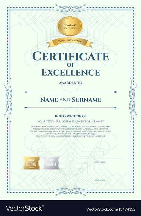 Click any certificate design to see a larger version and download it. Portrait certificate of excellence template with Vector Image