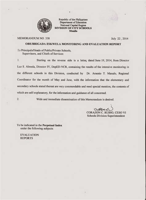 Department Of Education Manila Division Memorandum No 338 Obe
