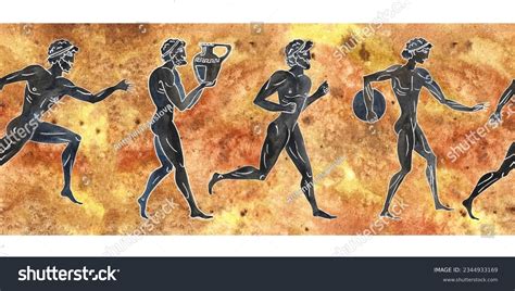 Seamless Border Ancient Greek Athletes Black Stock Illustration