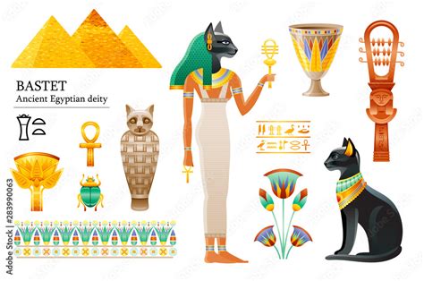 Ancient Egyptian Goddess Bastet Icon Set Cat Deity Cup Flower Mummy Sistrum God Of