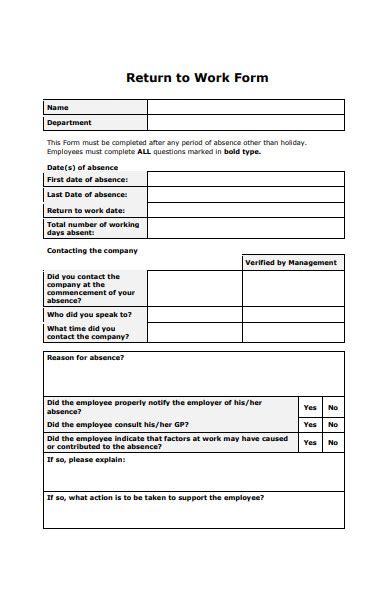 Free 50 Return To Work Forms In Pdf Ms Word