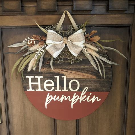 Welcome Door Hanger Welcome Wood Circle Sign Hello Pumpkin Etsy In