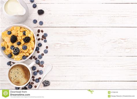 Breakfast With Coffee Corn Flakes Milk And Berry Stock Image