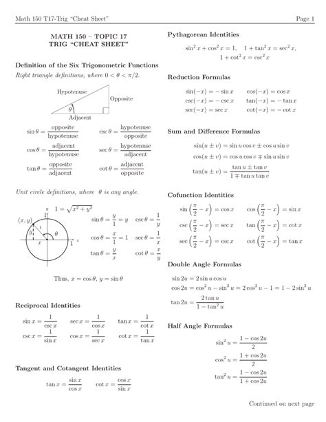 Trigonometry Cheat Sheet Download Printable PDF Templateroller