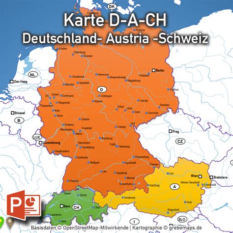Wichtige infos und tipps für die reise nach tschechien: D-A-CH PowerPoint-Karte Deutschland Austria Schweiz