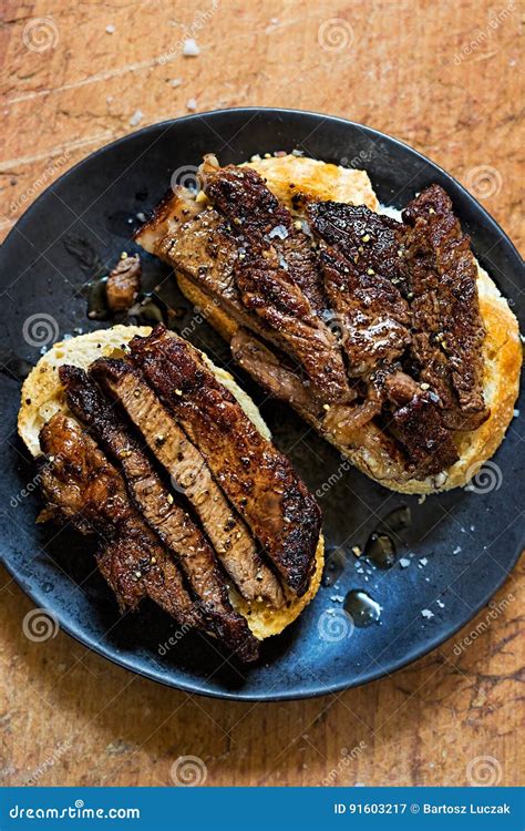 Medium Well Done Cut Steak Sourdough Bread Open Sandwiches Stock Image