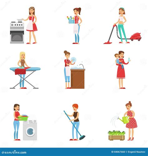 Happy Modern Housewives Cleaning And Housekeeping Performing Different
