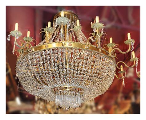 Stunning Empire Style Brass Crystal Chandelier Wooden Nickel Antiques