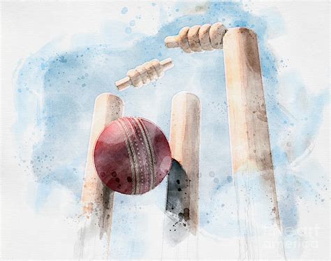 Cricket Ball Hitting Wickets Watercolor Digital Art By Allan Swart